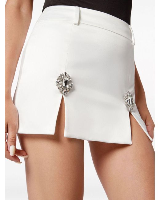 Philipp Plein White Gem-embellished Satin Mini Skirt