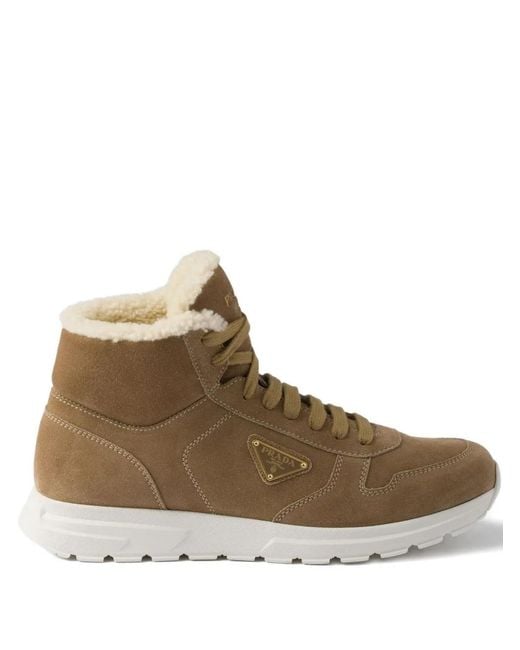 Prada Brown Shearling Triangle-Logo High-Top Sneakers for men