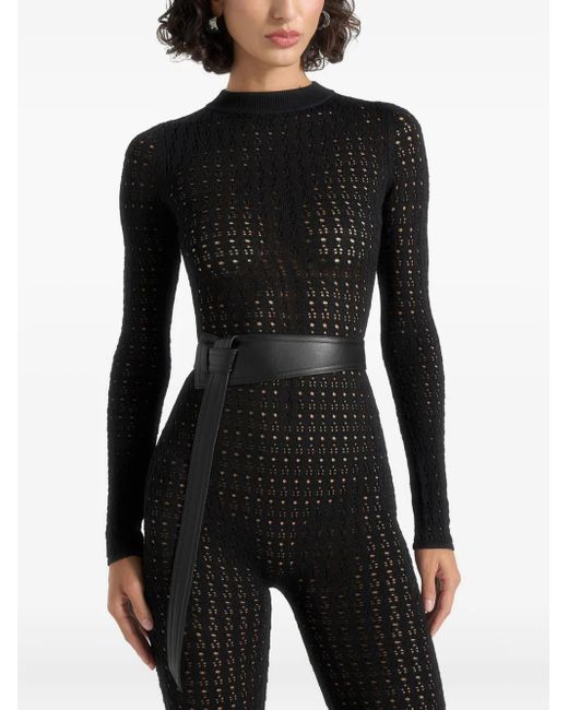 Manière De Voir Black Tiana Pointelle-Knit Long-Sleeve Jumpsuit With Belt