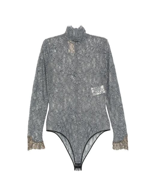 Valentino Garavani Gray Lace-Detail Long-Sleeve Bodysuit
