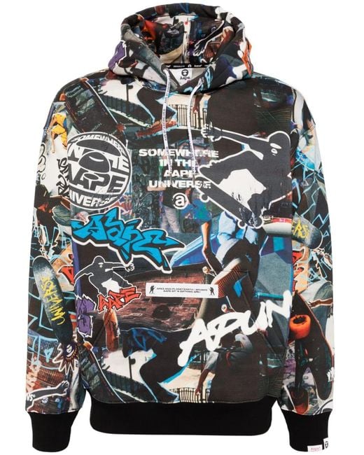 Aape By A Bathing Ape Gray Moonface-Logo Graffiti-Print Hoodie for men