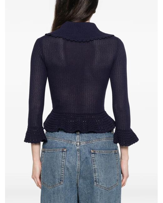 Self-Portrait Blue Charm-Detail Scalloped-Trim Cardigan