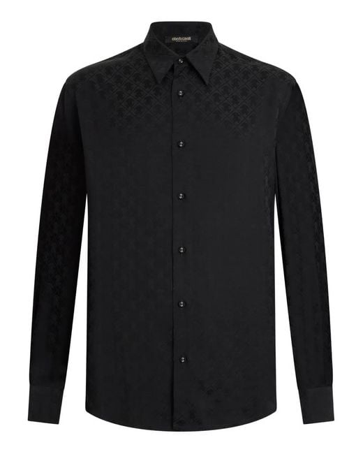 Roberto Cavalli Black Monogram-Pattern Long-Sleeve Shirt for men