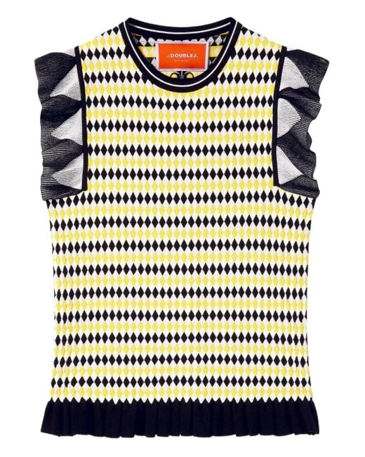 LaDoubleJ Black Checkers Ruffled Short-Sleeve Top