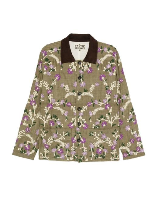 Kartik Research Green Floral-Embroidered Suede-Collar Jacket for men