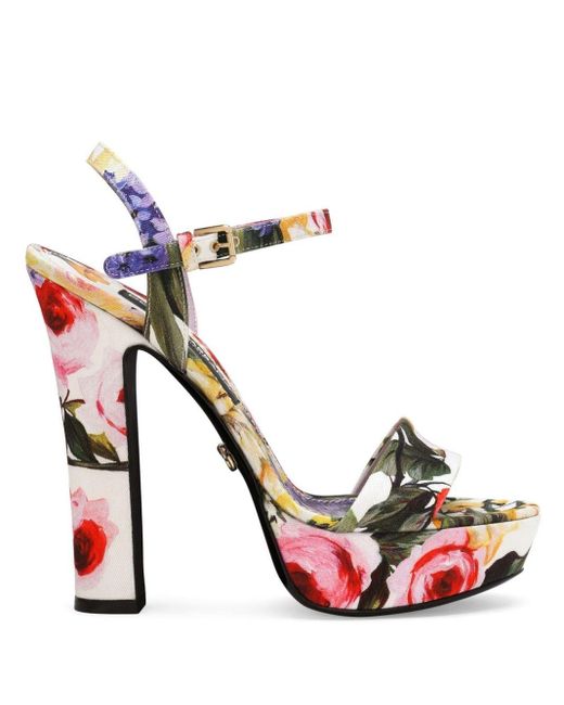 Dolce & Gabbana White Floral-print Gabardine Platform Sandals