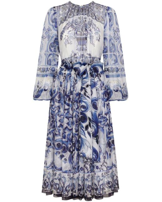 Dolce & Gabbana Blue Majolica-print Silk Midi Dress
