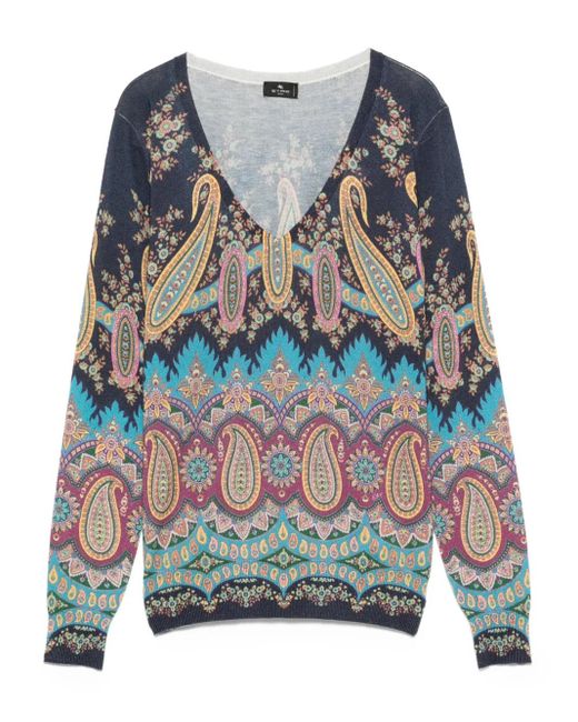 Etro Blue Paisley-Print V-Neck Sweater