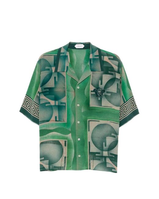 Versace Green Greca-Print Medusa-Head Shirt for men