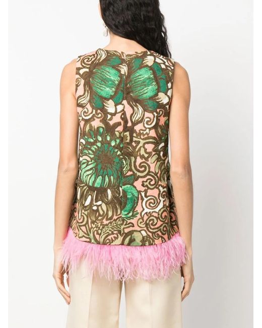 LaDoubleJ Red Painterly-Print Feather-Detail Top