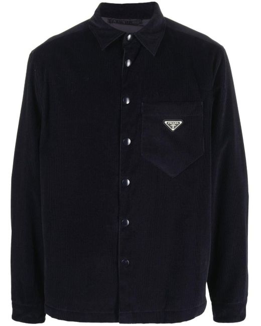Chemise en velours côtelé à plaque logo Prada pour homme en coloris Blue