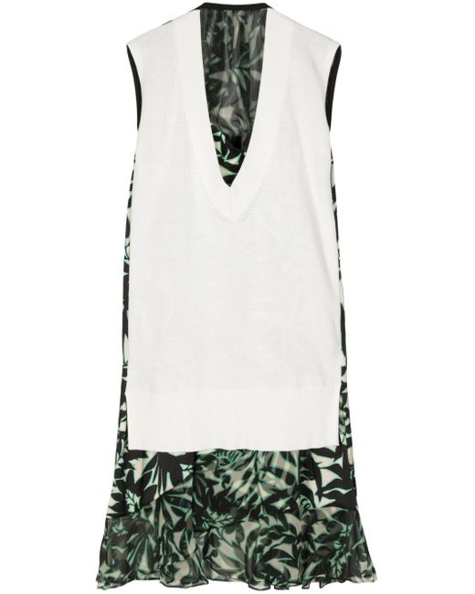 Sacai Green Leaf-print Panelled Dress
