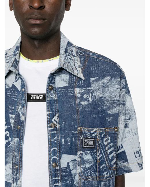 Versace Jeans Couture Blue Magazine-Print Denim Shirt for men