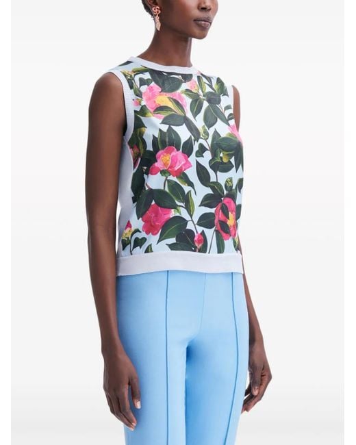 Oscar de la Renta Green Camellia Printed Tank Top
