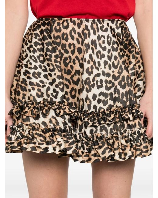 Ganni White Ruffled Leopard-Print Mini Skirt