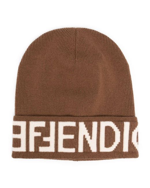 Fendi Brown Logo Wool Beanie