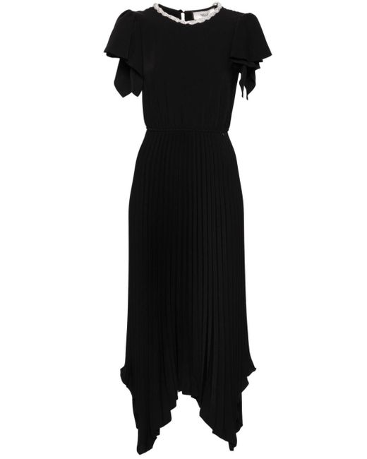 Nissa Black Crystal-embellished Pleated Midi Dress