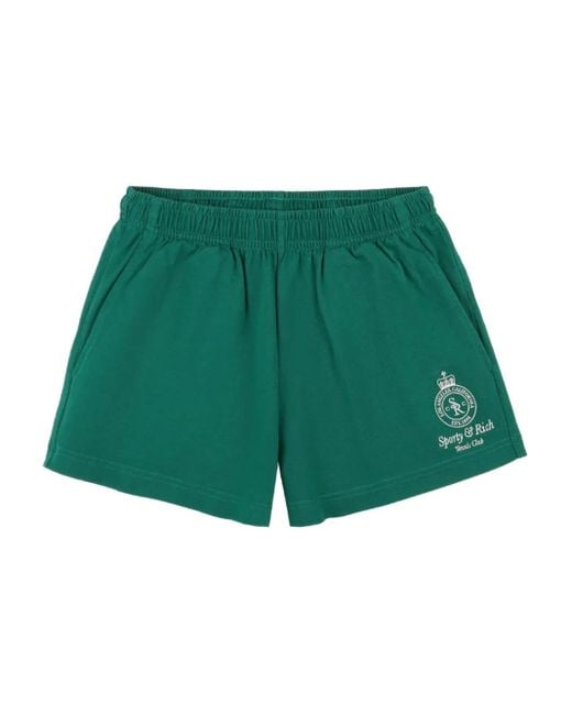 Sporty & Rich Green Logo-Embroidered Elastic-Waist Shorts
