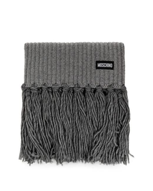 Moschino Gray Ribbed-Knit Fringed Scarf