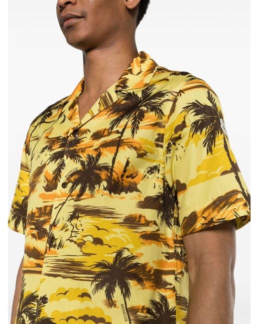 Moncler Yellow Camp-collar Palm Tree-print Shirt for men