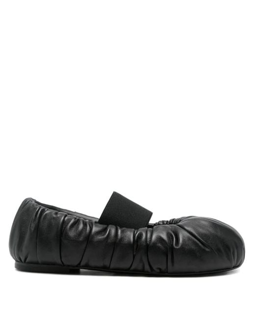 ALAINPAUL Black Elasticated-Band Gathered Leather Ballet Flats