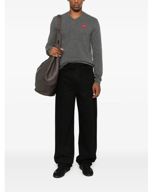 COMME DES GARÇONS PLAY Gray Heart-Emblem V-Neck Sweater