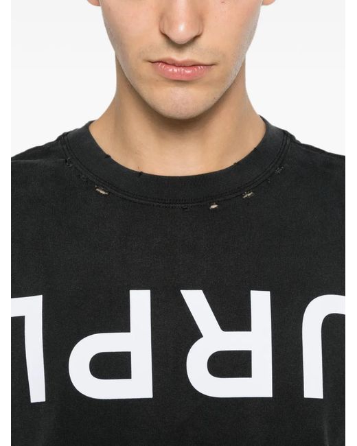 Purple Brand Black Logo-Print Distressed T-Shirt for men