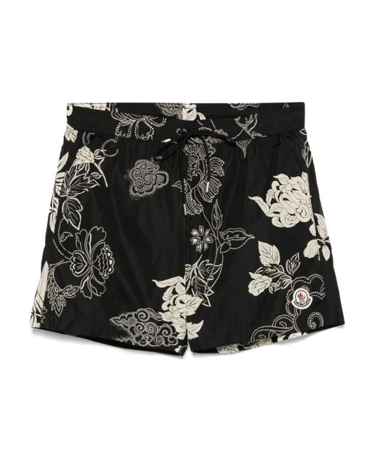 Moncler Black Floral-Print Swim Shorts for men