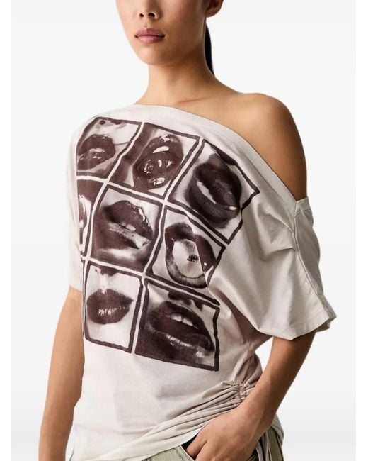 Miss Sixty Natural Graphic-Print Off-Shoulder T-Shirt