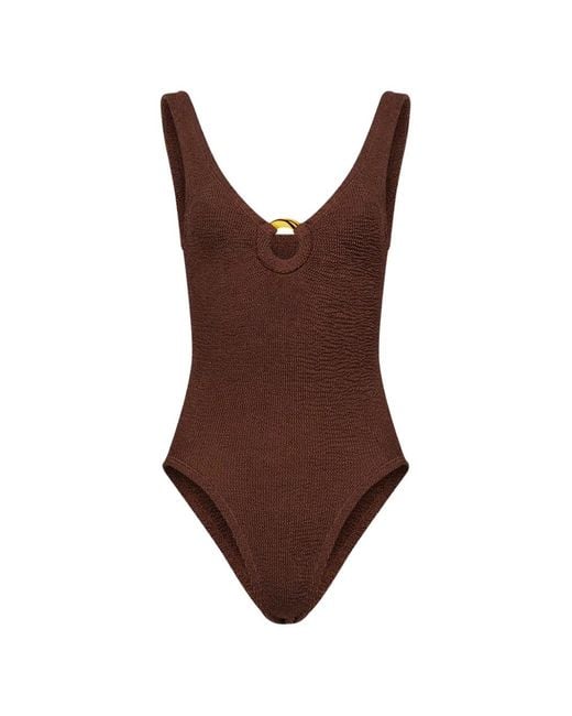 Hunza G Brown Celine Ring-Detail Crinkle Swimsuit