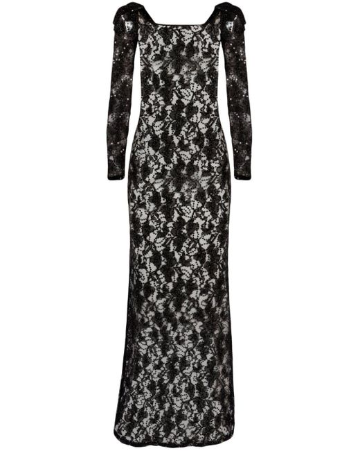 Nina Ricci Black Bow-embellished Sequinned Lace Gown