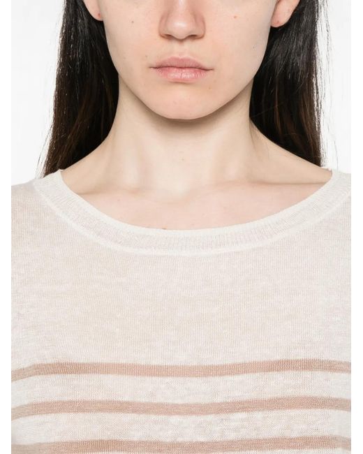 Majestic Filatures White Round-Neck Striped T-Shirt