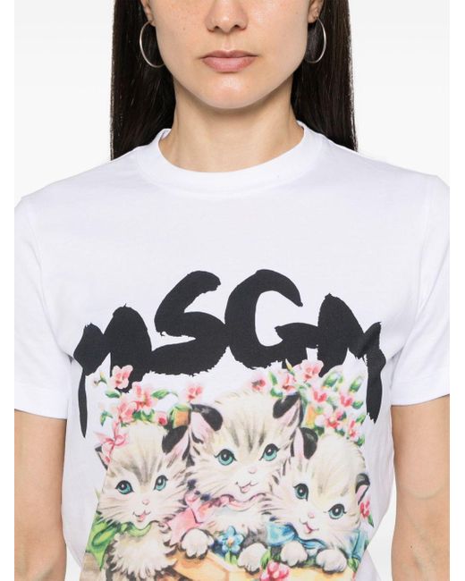 MSGM White Cats-print Cotton T-shirt