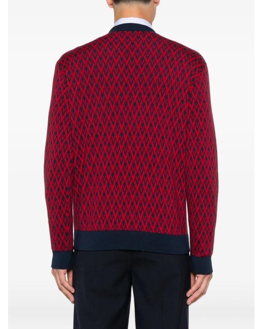 Valentino Garavani Red Geometric-Pattern V-Neck Sweater for men