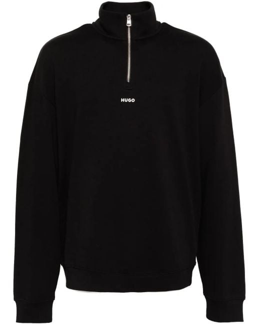 HUGO Black Zip-Neck Logo Print Sweatshirt for men