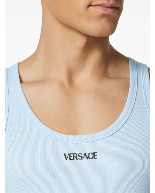 Versace Rippstrick-Tanktop mit Logo-Print in Blue für Herren