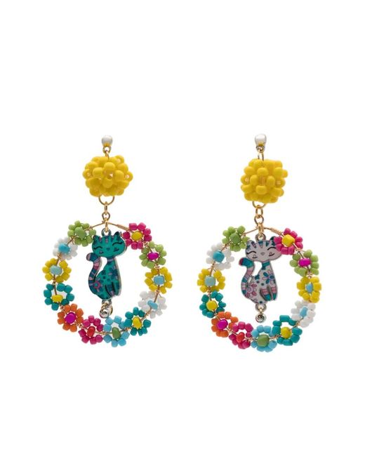 Amir Slama White Flower Cat-Motif Drop Earrings