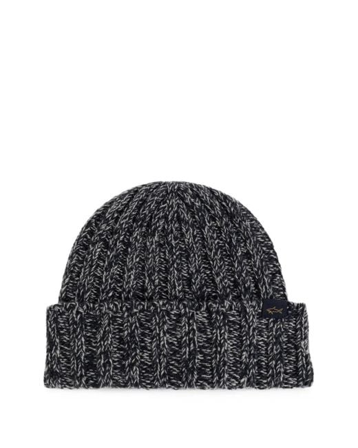 Paul & Shark Black Ribbed-Knit Beanie Hat