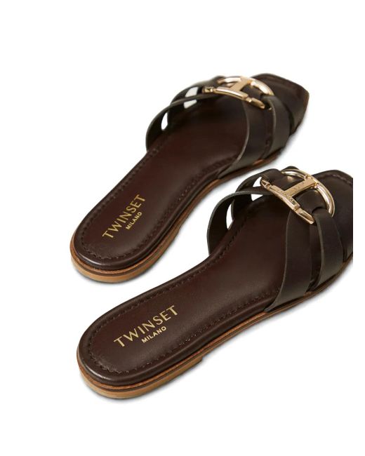 Twinset Brown Logo-Buckle Slides