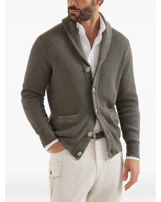 Brunello Cucinelli Green Malfilé-Cotton English-Rib Cardigan for men