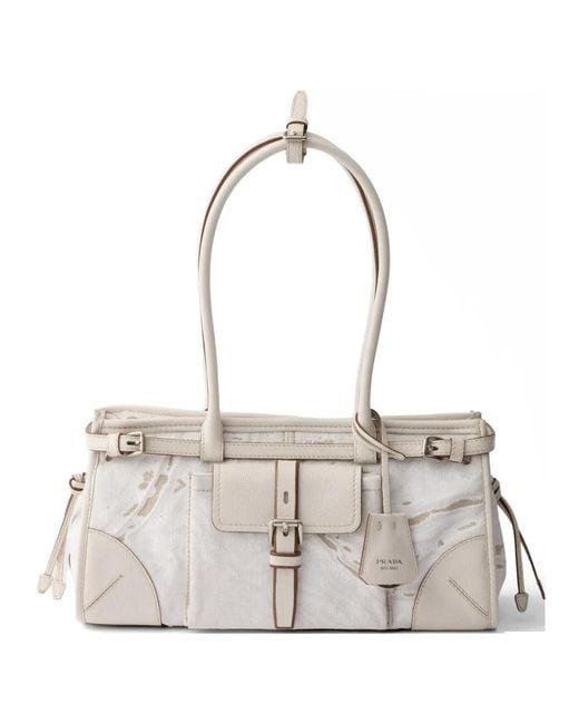 Prada White Bonnie Medium Printed Linen And Leather Handbag