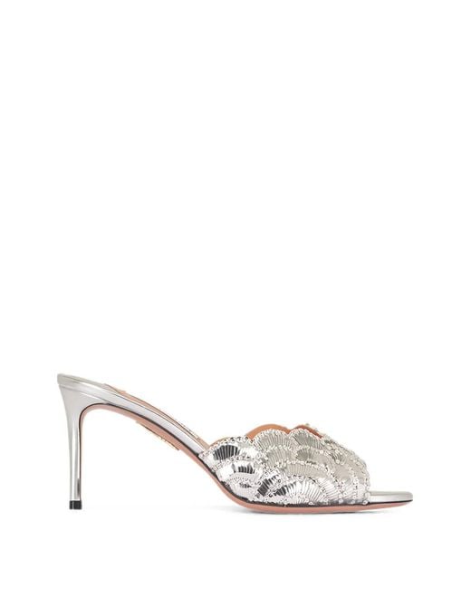 Aquazzura White Embroidered Scalloped Heeled Sandals