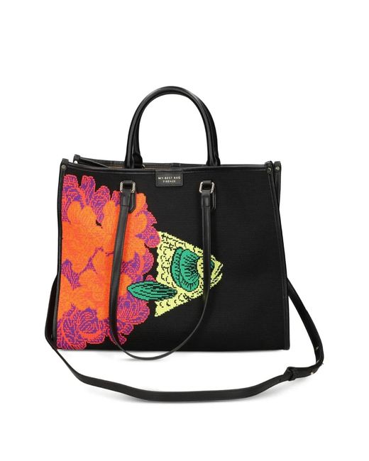 MY BEST BAG Black Atena Ethology Floral Fish Tote Bag