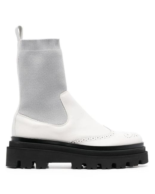 Eleventy White Leather Ankle-Sock Boots