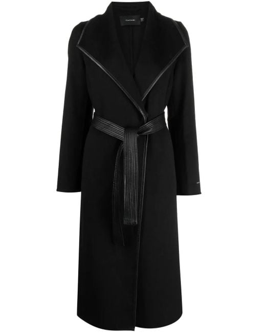 Tahari Black Faux Leather-Trim Belted Coat