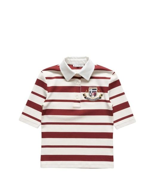 Acne Red Polo Rayé À Patch Logo