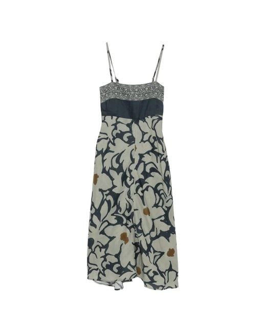 Luisa Cerano White Robe Mi-Longue Fleurie À Taille Froncée