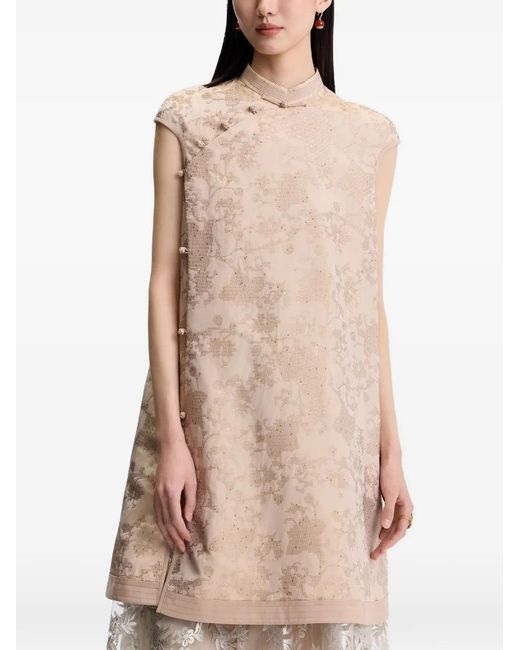 Shanghai Tang Natural Sequin-Embellished Qipao Dress