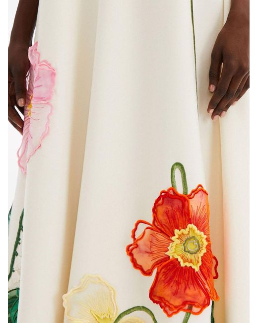 Oscar de la Renta White Painted Poppies Floral-embroidered Maxi Dress