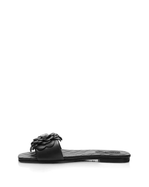 Philipp Plein Black Leather Flat Slides Flower